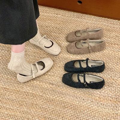 Французские бархатные туфли Мэри Джейн на плоской подошве, пушистые туфли, женская обувь, носить осенью и зимой 2025 года, ретро-серые вечерние туфли