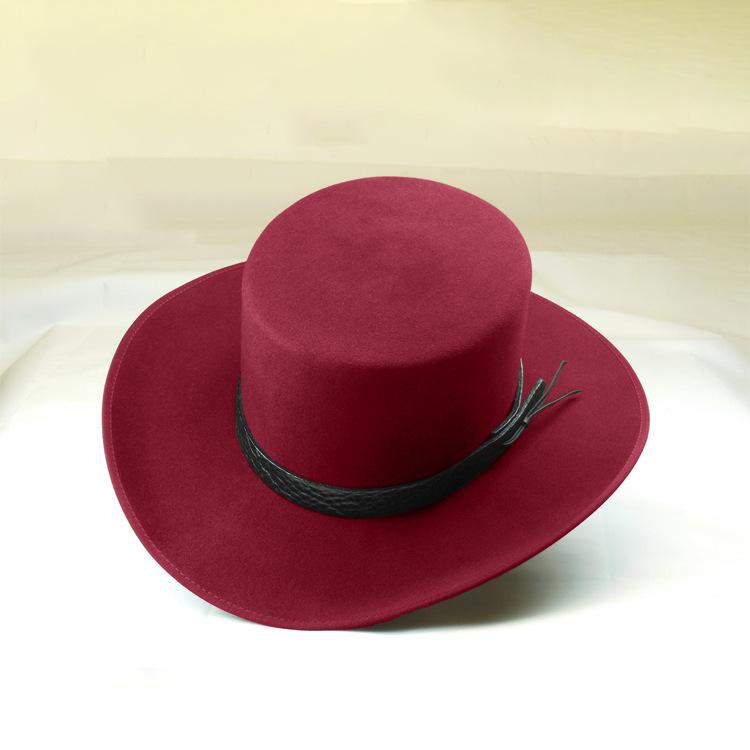 На новой фабрике Прямая продажа Плоская овечья фетровая шляпа Однотонная овечья фетровая шляпа Кожаный пояс Украшенная чистая шерстяная фетровая шляпа