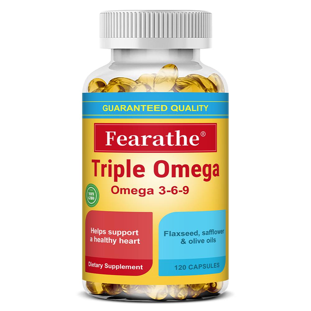 Triple Omega 3, 6, and 9 supplement for heart health and balanced blood circulation. 120 capsules.