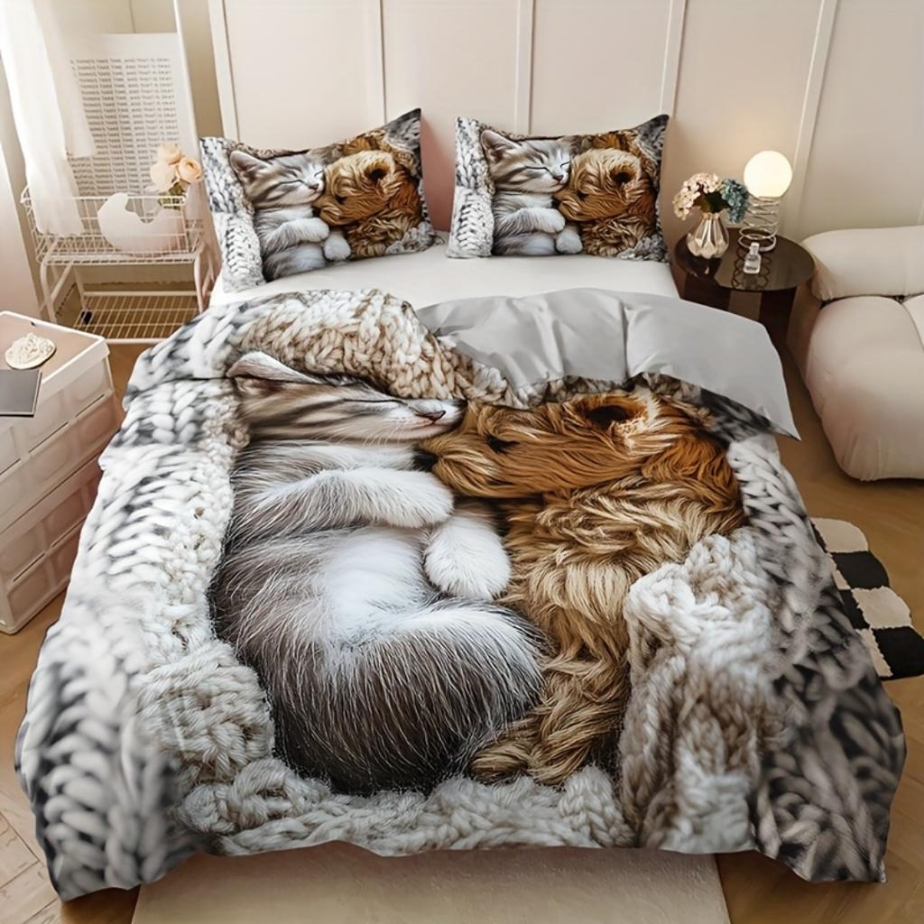 3pcs Lovely Cats Dogs 3D Printed Bedding Set Cozy Comfortable Duvet Cover King Queen Twin Size Birthday Gift Bedroom Decoration