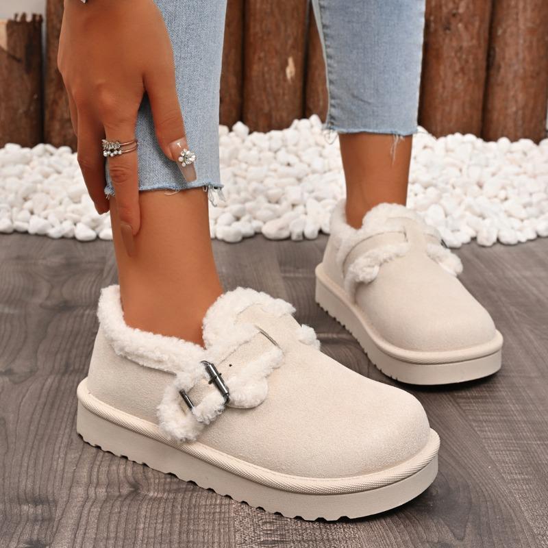 Fashion Metal Buckle Round Toe Deep Mouth Suede Wool Platform Anti-Slip Wear-Resistant Flat Snow Boots