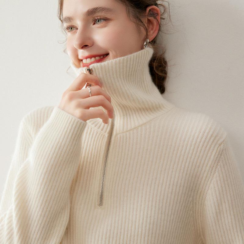 Женский кашемировый свитер в корейском стиле на молнии - Свободный, приталенный, утолщенный пуловер с отложным воротником для осени/зимы.