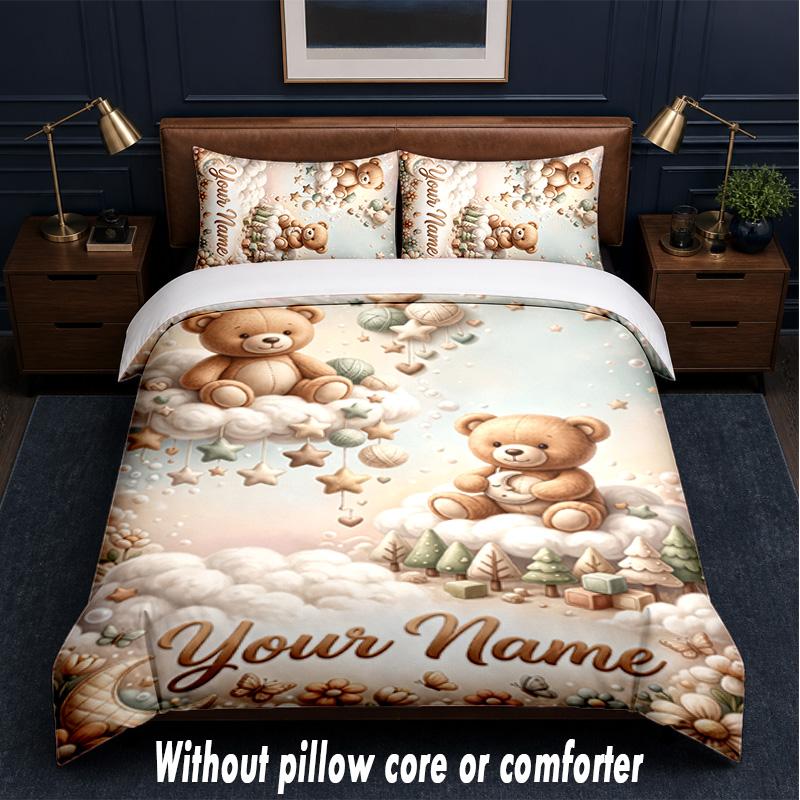 Teddy Bear Theme Custom Text Or Name 3Pcs Bedding Set,1 Flat Sheet & 2 Pillowcases Personalized Home Bedding