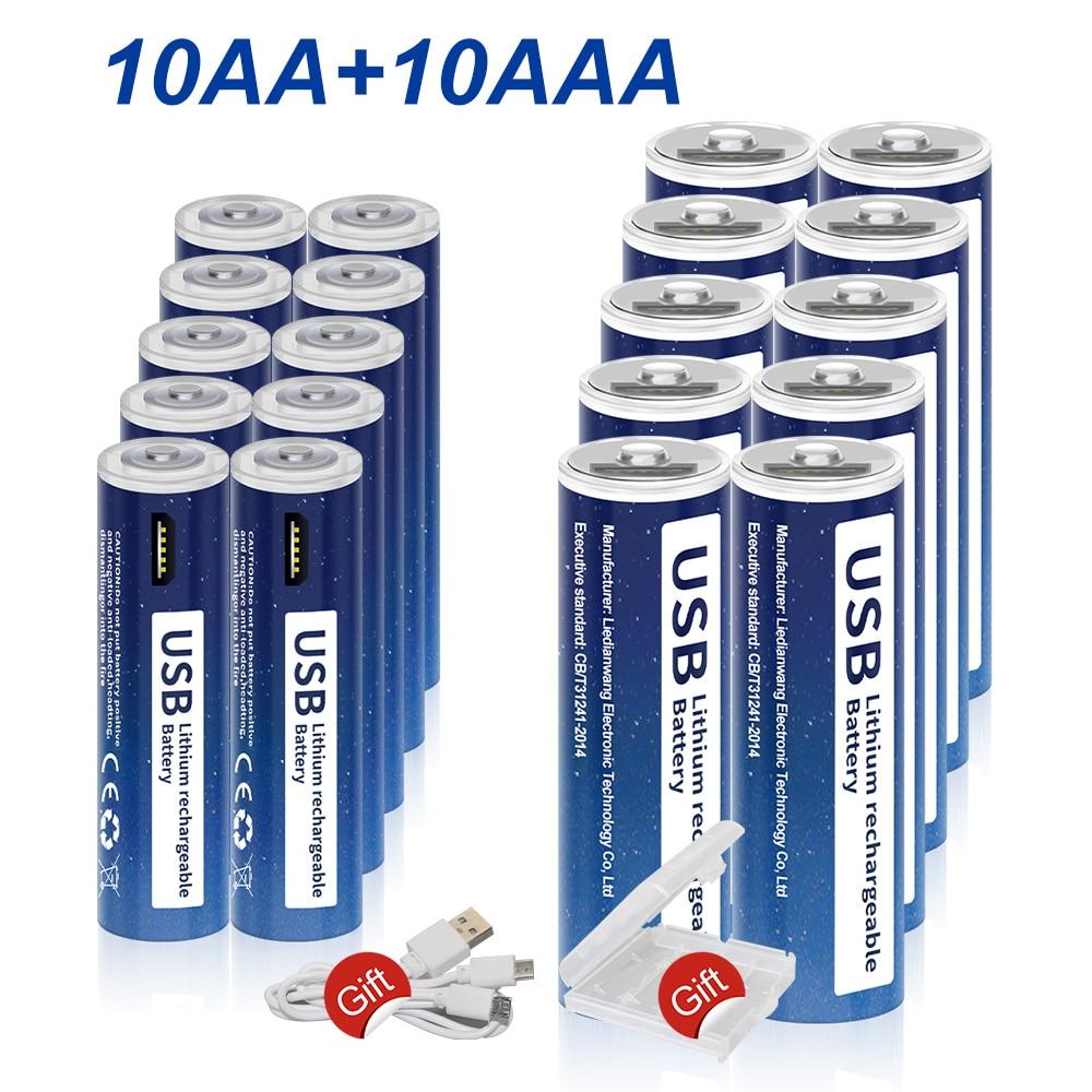 1,5 В AA, литий-ионная аккумуляторная батарея типа AA, 2800 мВтч + USB, 1,5 В, литиевая аккумуляторная батарея AAA AAA, 1110 мВтч, с USB-кабелем
