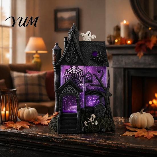 Halloween Haunted House Figurine Gothic Resin Glitter Village Decoration, with Purple Detailed Desktop Setting Windows, Spooky Mansion Tabletop Statue