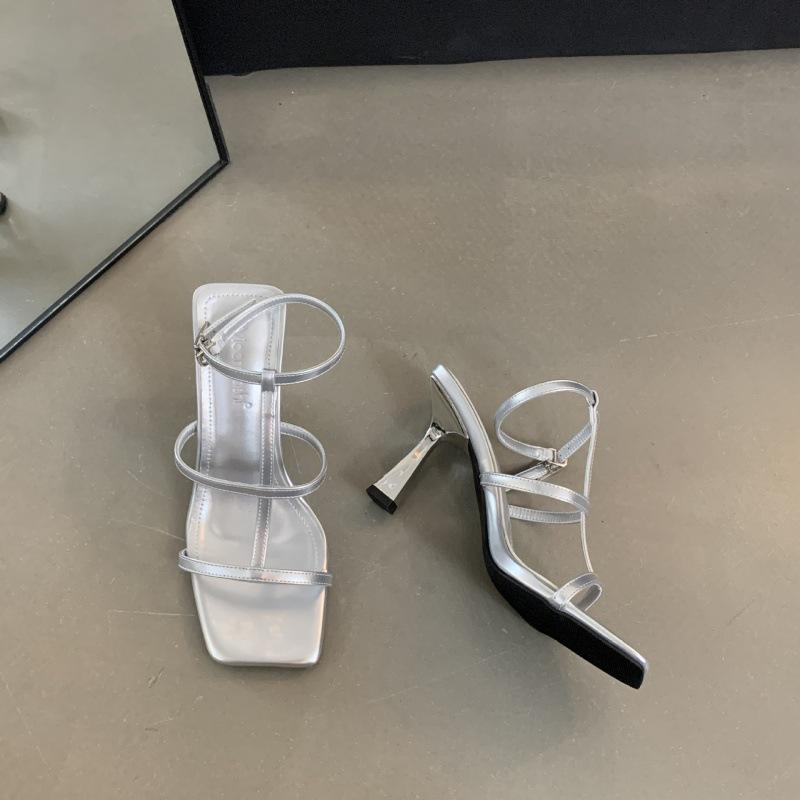 2025 лето новые квадратный носок стилет знаменитость высокий слово ремешок римские сандалии туфли на высоком каблуке женщины