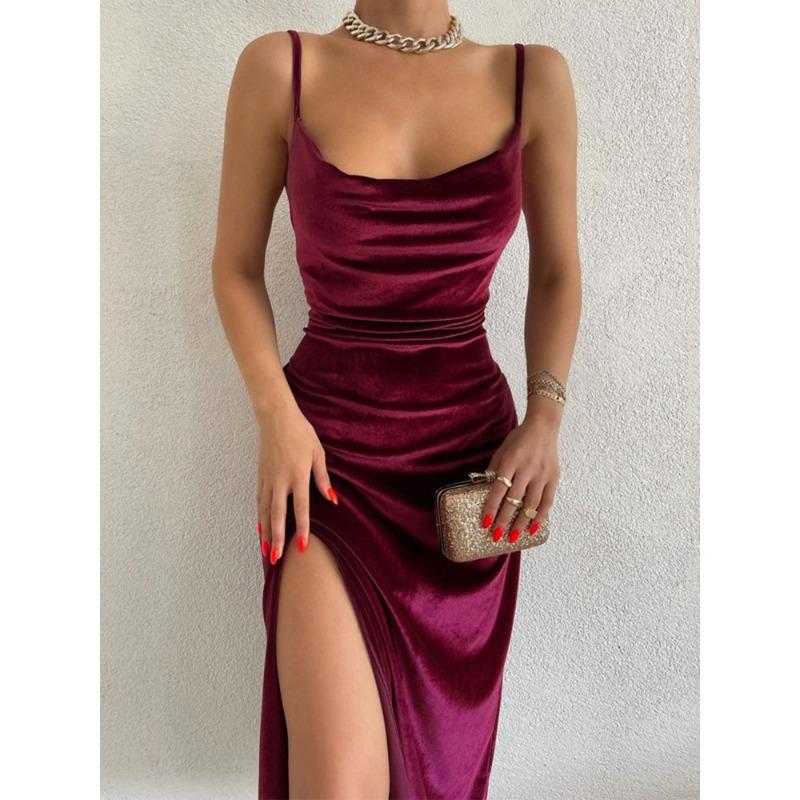 Velvet Swing Collar Sleeveless Slip Sexy Slit Maxi Dress 2023 New Fashion Evening Party Women Elegant Streetwear Y2K Vestido Casual