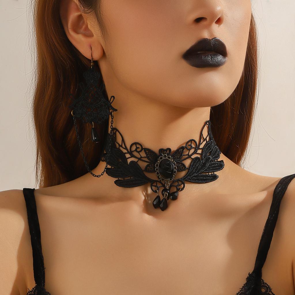 European and American Halloween Vintage Gothic Rose Wings Necklace Black Lace Chain Tassel Earrings Versatile Set