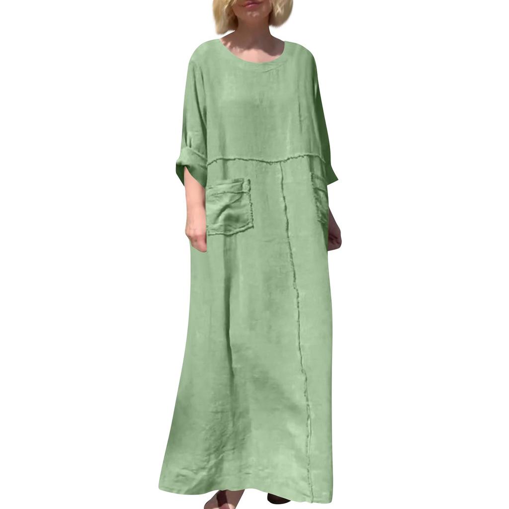 Women's Fashion Solid Color Round Neck Cotton Linen Long Sleeved Casual Pleated Double-sided Pocket Dress