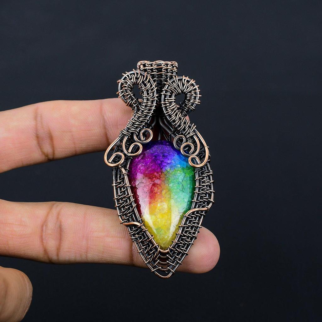 Радужный солнечный кварцевый драгоценный камень из чистой медной проволоки, завернутый в ювелирную подвеску ручной работы для подарка