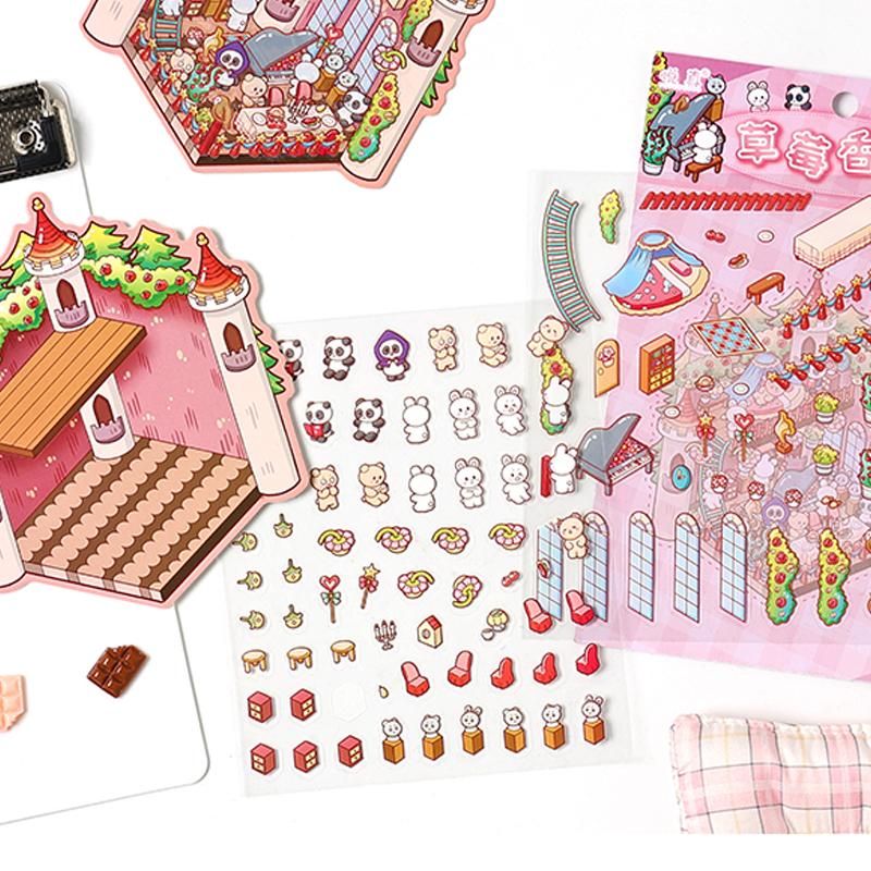 4 Style PET Material Stickers Children'S DIY Mini Cartoon 3D Landscaping Fun Collage Background Sticker Hand Account Accessories