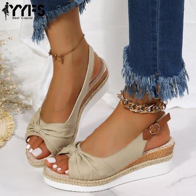 2022 Новые сандалии Большого размера Пеньковая веревка Бант Клиновидный каблук Сандалии на одном ремешке для женщин