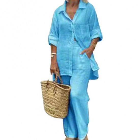 2 Pcs/Set Women Shirt Pants Set Solid Color Turn-down Collar Long Sleeve Top Wide Leg Elastic Waist Loose Pants Commute Clothes Blouse Trousers Set