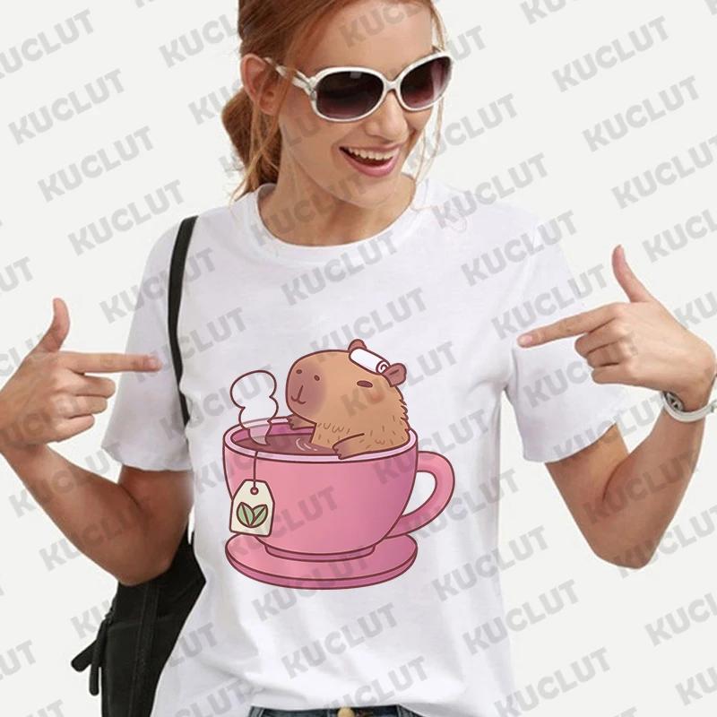 Cute Capybara Anime Women's T-shirt Casual Ulzzang Short Sleeve Tees Cartoon Graphic Y2K Tops Female Blouse Aesthetic Clothing