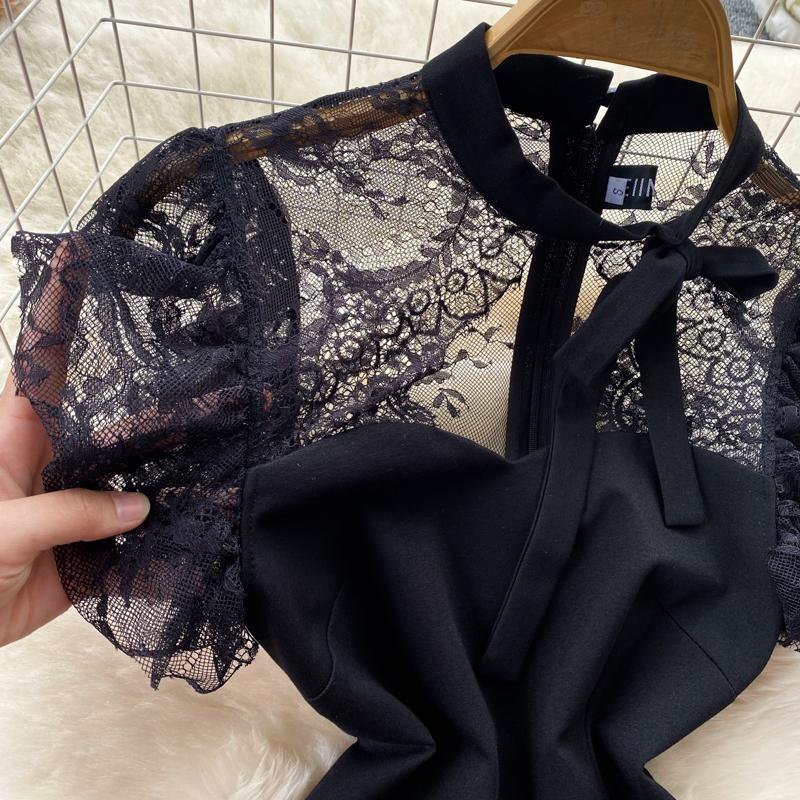 Lace Splice Black Office Work Dress French Style Summer Women Zipper O Neck Elegant Ladies Split Solid Slim Bodycon Dresses