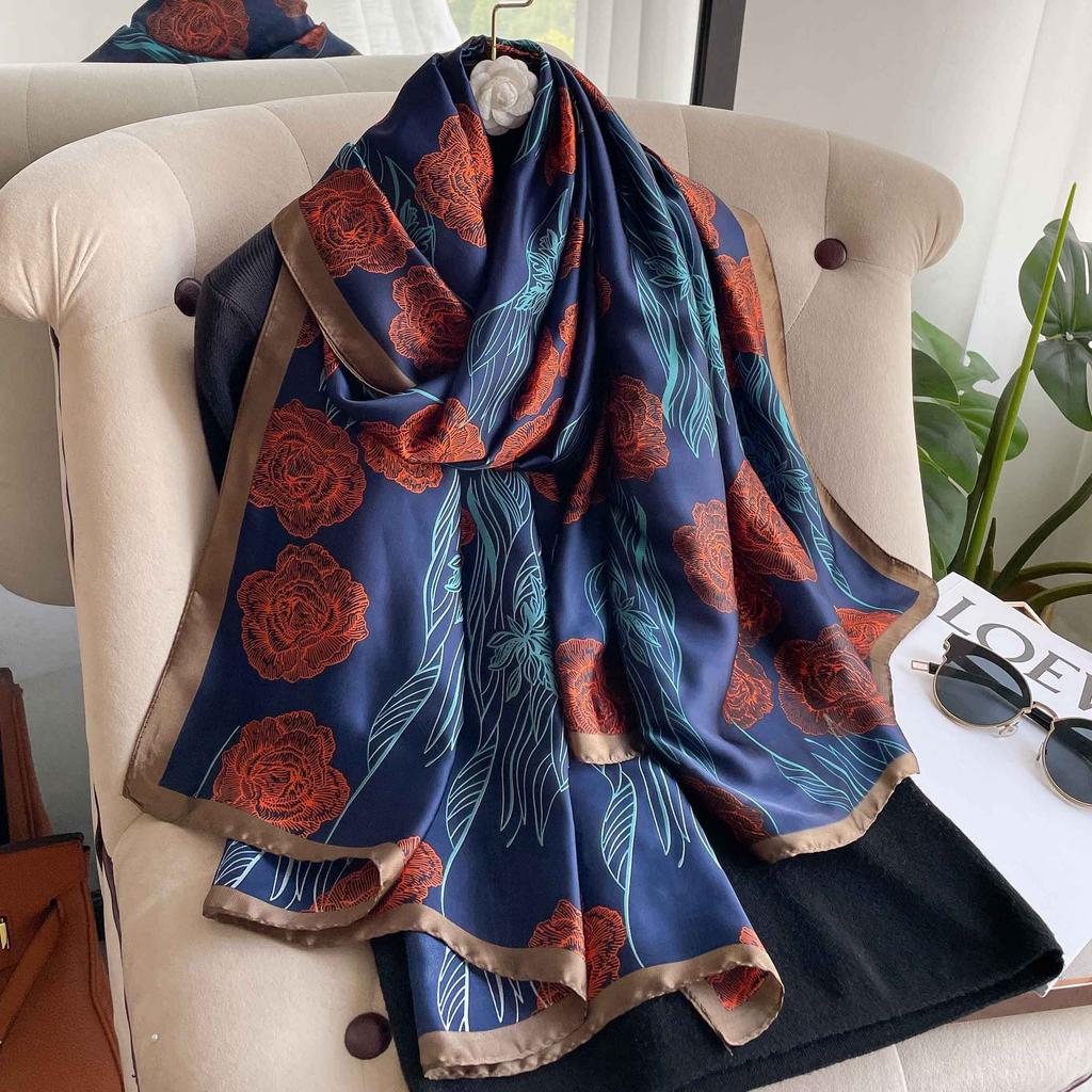 Shawl Scarf for Women - Floral Plant Pattern, Breathable & Sun-Proof, Weekend Casual Style, Non-Stretch, Decorative Silk Scarf with Printed