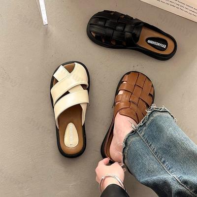 Модные летние женские полушлепанцы с закрытым носком, плетеные с вырезами, туфли-мюли в ретро-стиле для улицы, сандалии в римском стиле для женщин, Sandalias De Mujer