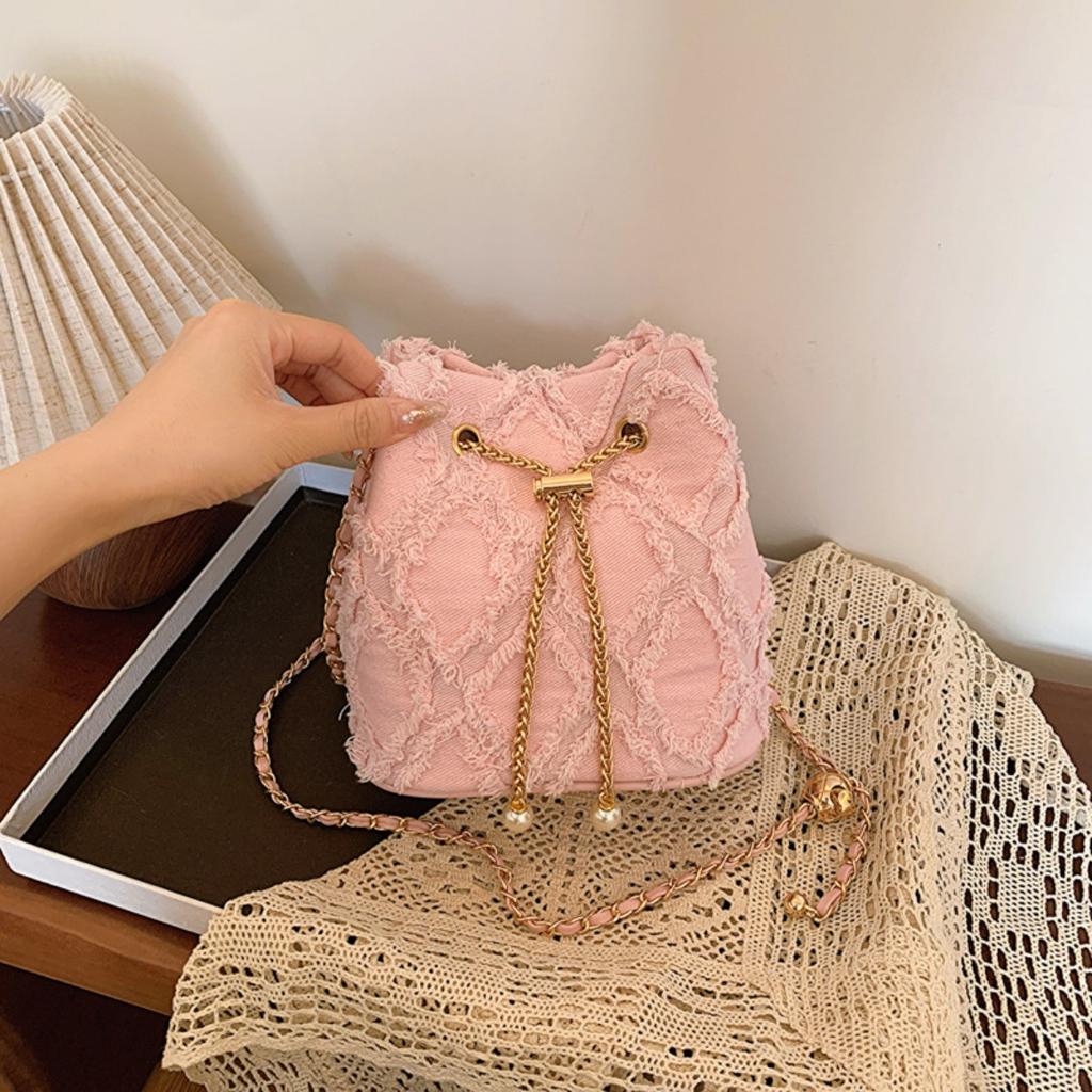 Ling Grid Chain Bucket Bag, Simple Crossbody Bag, Women's Trendy Drawstring Tassel Shoulder Bag