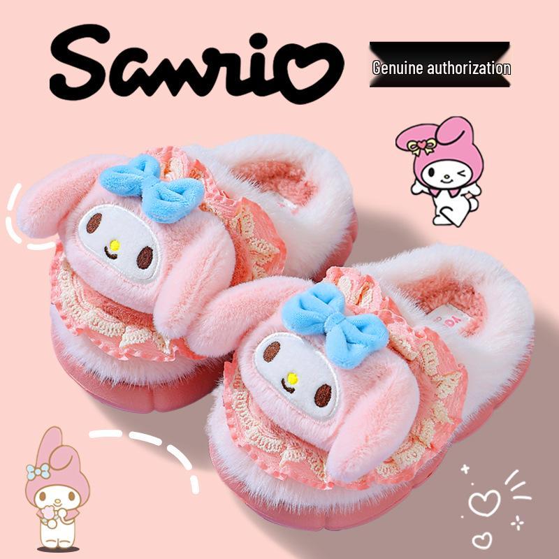 Плюшевые тапочки Sanrio Kuromi для девочек: Милый, Уютный Хлопок для Осени/Зимы, Домашняя Парная Одежда для Родителей и Детей