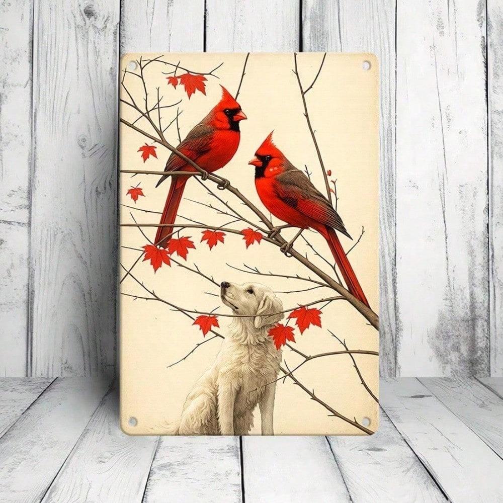 1pc Cardinals & Dog Retro Metal Tin Sign 12x8In 2D Flat Vintage Plaque Indoor Outdoor Wall Decor for Living Room Kitchen