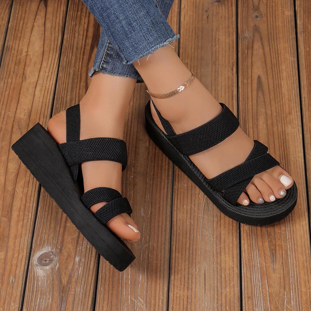 Women's Black & White Roman-Style Sandals with Thick Sole, Faux Hemp Rope Design, Perfect for Summer Style