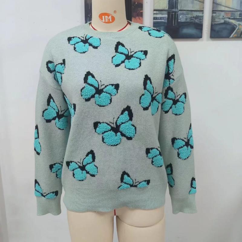 IHUASU Winter Printed Butterfly O-Neck Women's Loose Plus Size Knitwear Pullover Sweater
