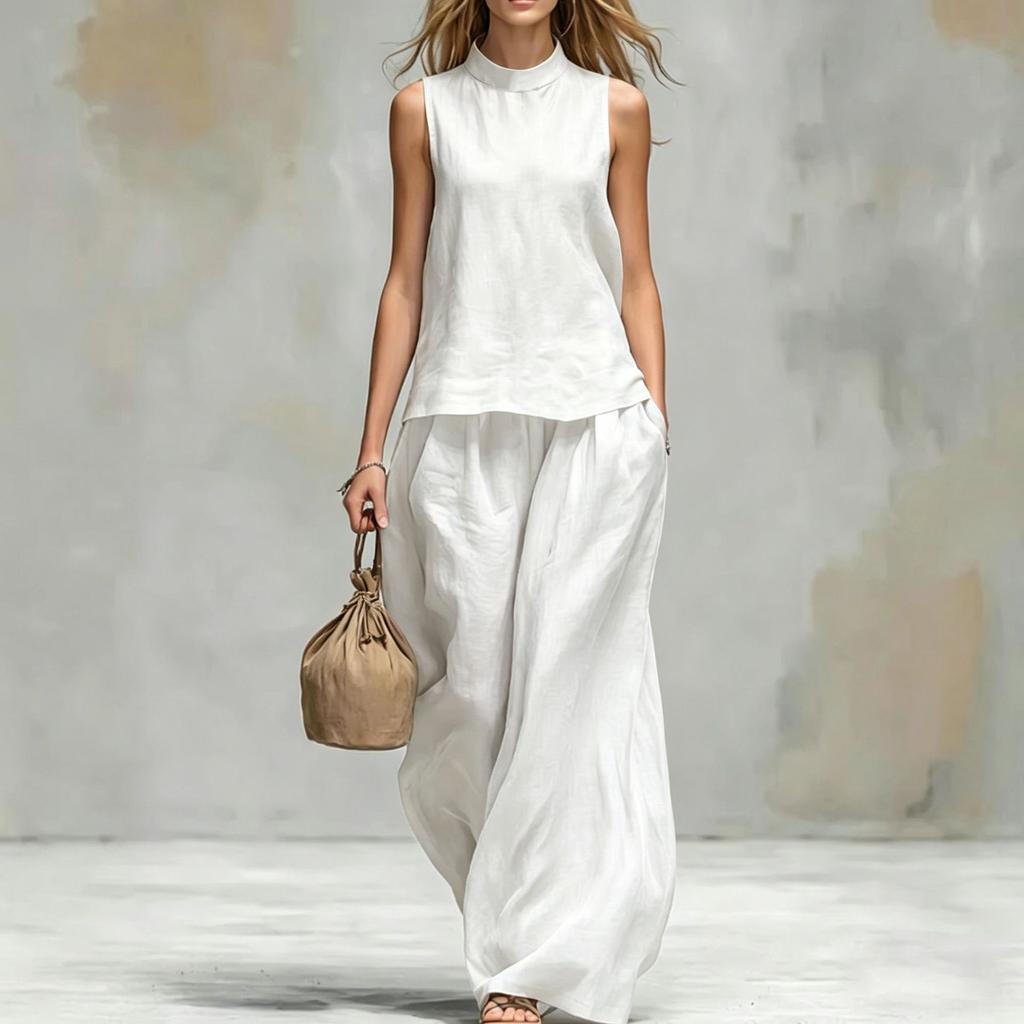 Cross-border 2026 Amazon Independent Station European and American women's stand-up collar cotton and linen solid color sleeveless top and pants