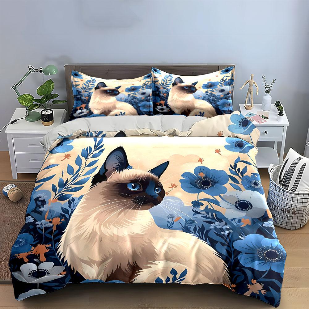 "Elegant Floral Cat Design Set" Exquisite three-piece bedding set gift for kids and adults
