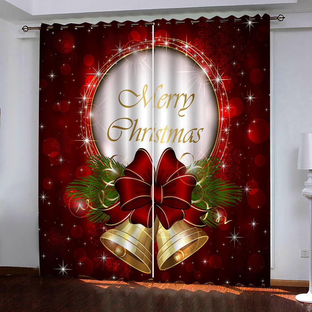 2 Panel Christmas Golden Bell 3D Digital Printed Curtain Classic Style Polyester Curtain, Bedroom Living Room Floor Curtain