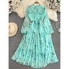Accessible Luxury Lantern Long Sleeve Stand Collar Elegance Chiffon Dress