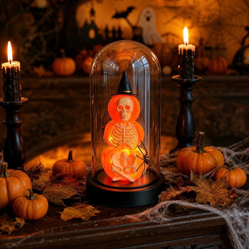 Halloween Skeleton Night Light Glass Pumpkin Lamp with Wooden Base for Bedroom Home Decor Gift