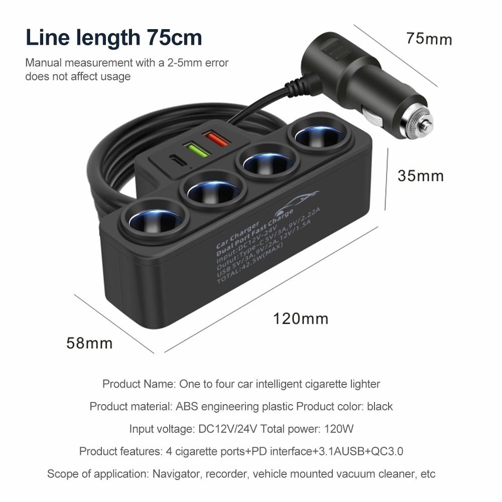 4 In 1 USB Charger 120W Car Cigarette Lighter Splitter 12V 24V Fast Charger Plug Phone Power Adapter USB+QC3.0+PD3.1A