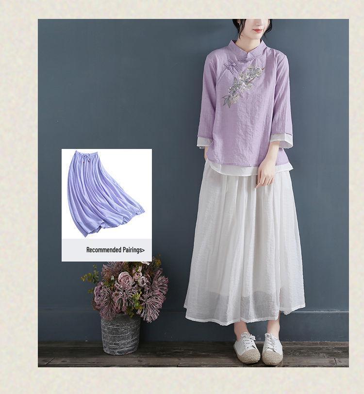 Женская ретро вышитая футболка с V-образным вырезом из хлопка и льна: Повседневный, Литературный Стиль для Коллекции Весна-Лето-Осень 2024