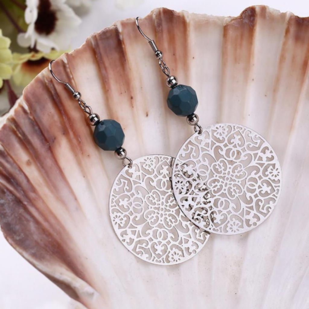 Vintage Women Hook Earrings Big Hollow Round Flower Bead Pendant Party Jewelry