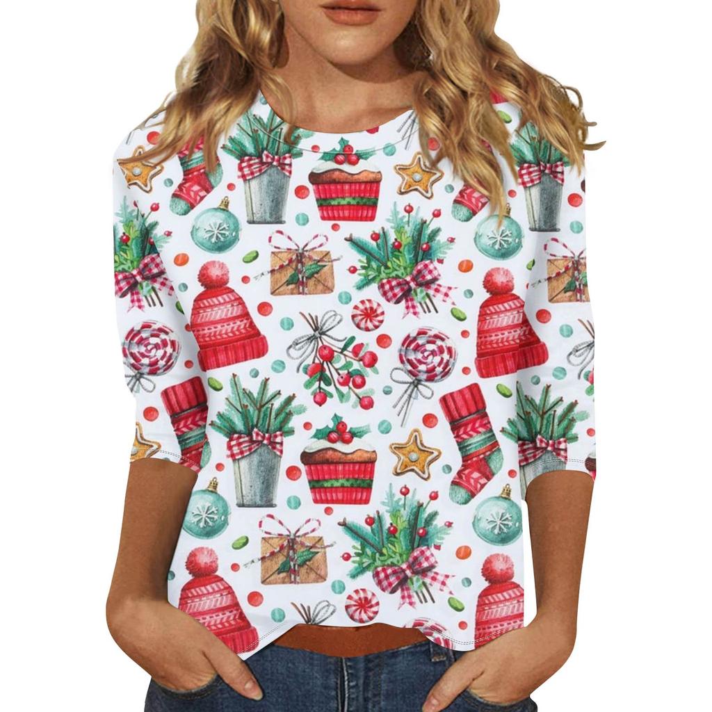 Женская мода повседневная рубашка с круглым вырезом и рождественским принтом, семь рукавов
