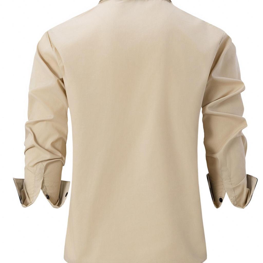 2024 Мужская приталенная рубашка из хлопка с цветными блоками и длинными рукавами - Весенняя/Осенняя мода