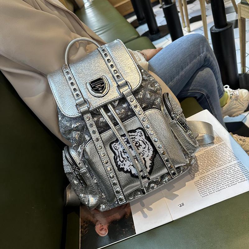 2023 Women's British Style Sequined Drawstring Soft Leather Backpack - Versatile & Fashionable Travel Bag