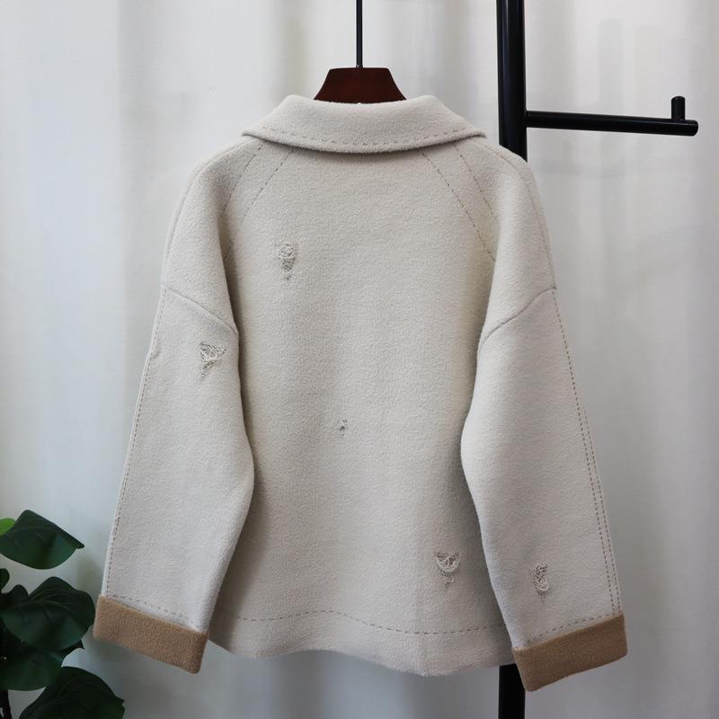 Осень и зима новый лацканный дизайн чувство ниши вязаный двусторонний шерстяной кардиган темперамент свитер куртка женская