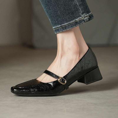 Овечья кожа Лето Весна Осень Средний каблук Пряжка Ремешки Женские Туфли-лодочки с квадратным носком Неглубокие туфли
