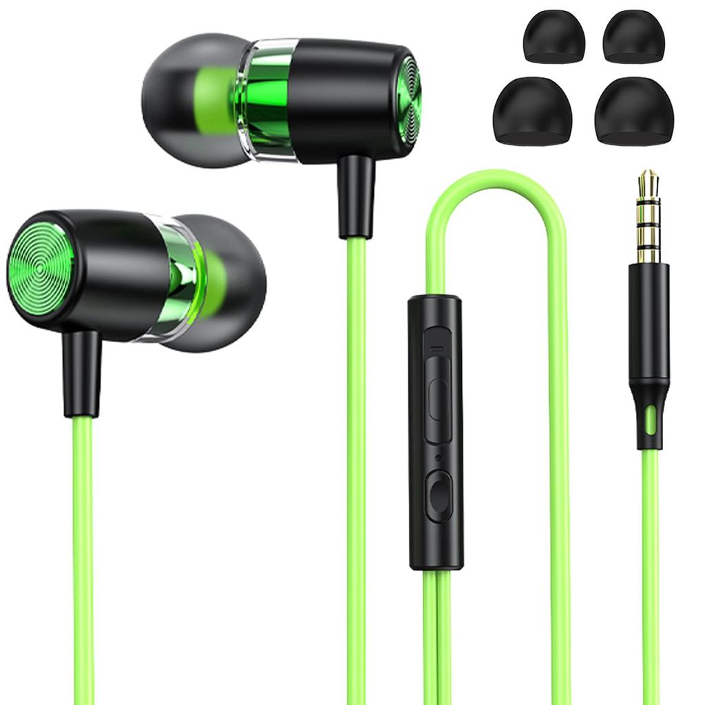 Wired Earphones 3.5mm Mic Volume Control Green