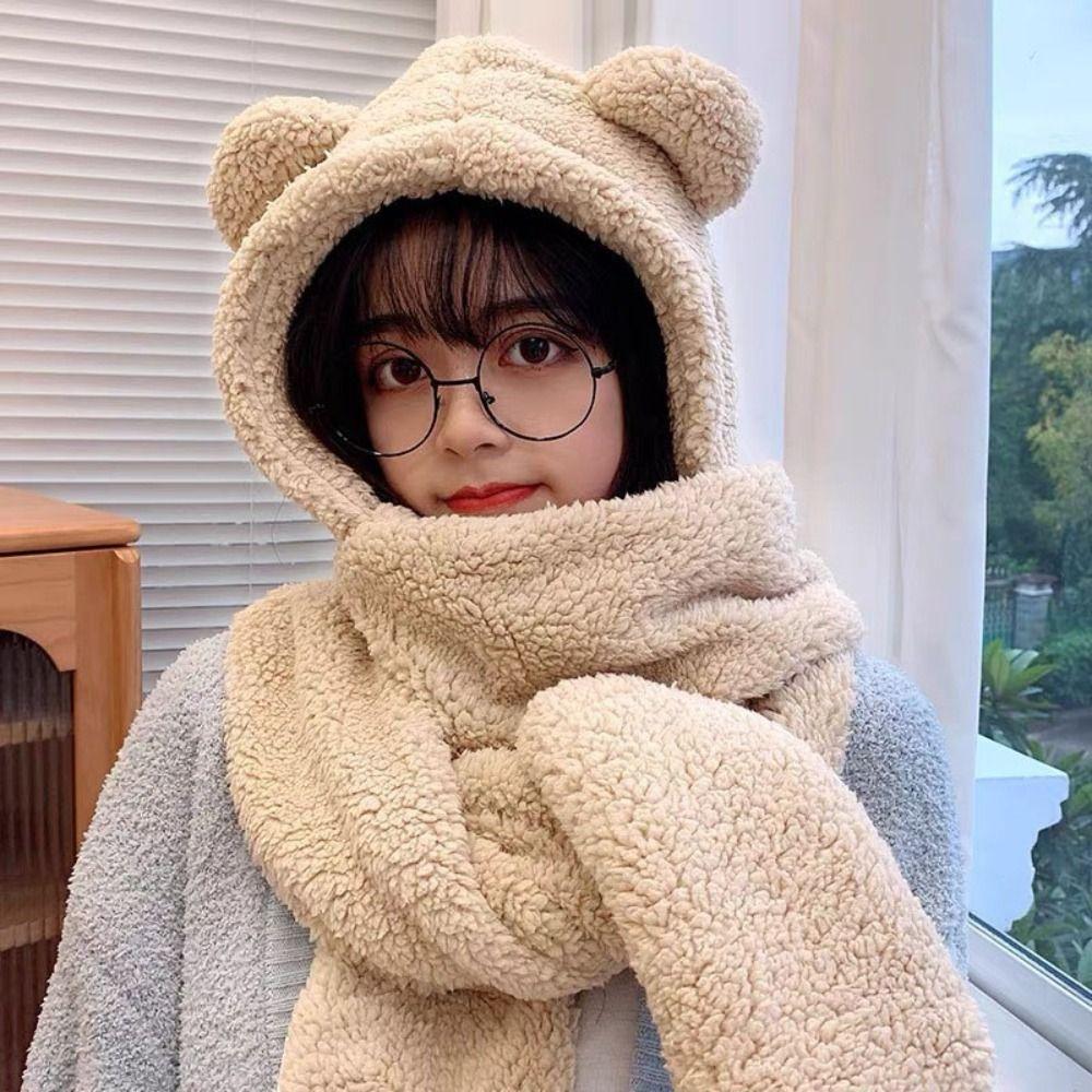 Earmuffs Bear Ear Plush Beanie Thickened Fleece Scarves Hat Cute Plush Scarf Hat Gloves Ladies