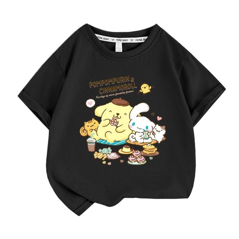 Летняя футболка Sanrio для девочек и мальчиков с принтом Пудинг Собака Мультяшный топ с коротким рукавом