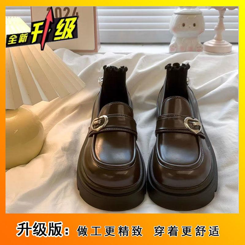 2024 новые весенне-осенние женские туфли в британском стиле на толстом каблуке и платформе, французские маленькие кожаные туфли в стиле ретро, черные мокасины с одной педалью