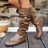 Fashion Pleated Design Flat Knee High Boots Women Retro Brown PU Leather Western Boots Woman Buckle Strap Decor Zipper Long Botas Mujer