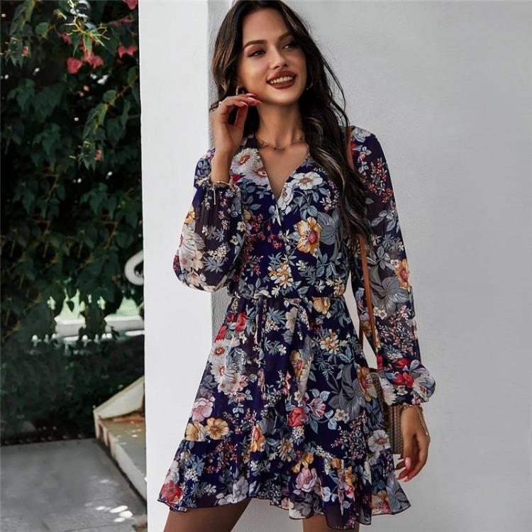 Summer Floral Print Mini Dress Women Sleeve Chiffon A-Line Lace Up High Waist Spring Black White Navy S-XXL