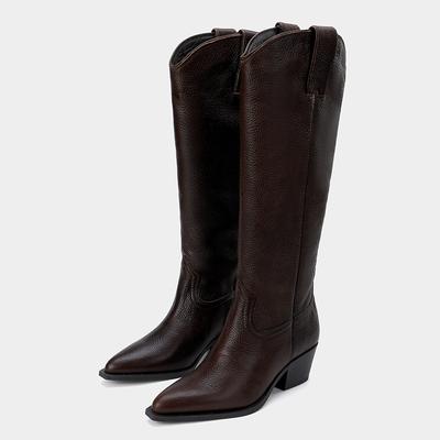 Модные ботфорты на массивном каблуке, женские весенне-осенние кожаные туфли, женские ботинки в стиле вестерн, ковбойские ботинки, ботинки до колена в британском стиле с острым носком