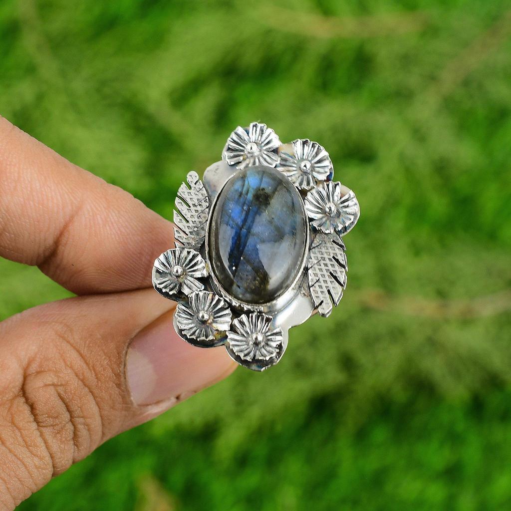Natural Labradorite Stackable Flower Adjustable Ring 925 Silver For Women