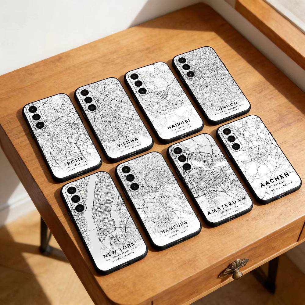 Famous City Sketch City Map Phone Case For Samsung Galaxy A91,80,73,72 ,71,53,52,32 ,31,22,21s,20,Soft Black Case