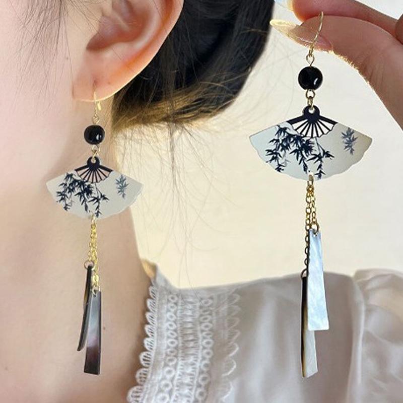 1Pair Chinese Style Vintage Fan Pendent Long Tassel Earrings For Women Girls National Style Temperament Earrings Jewelry Gifts