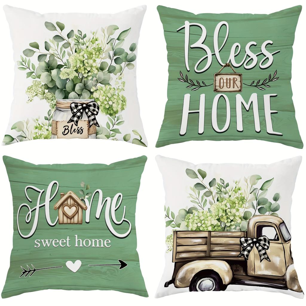 Rusty-charm Pillow Cover: Eucalyptus, Vintage Truck and Heartfelt Home-blessing Quotes, Sofa Chair Decorative Cushion Cover